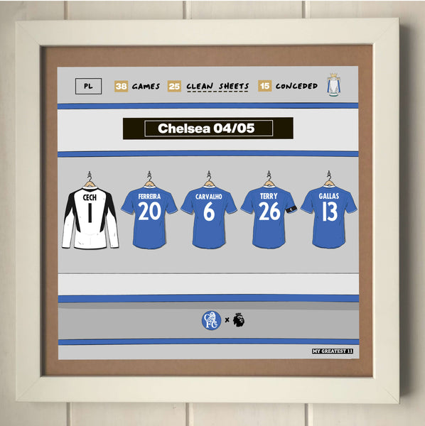 A framed print highlighting Chelsea’s 2004 2005 Premier League record defence featuring the statistic of only 15 goals conceded and celebrating the team’s historic title win under manager José Mourinho.