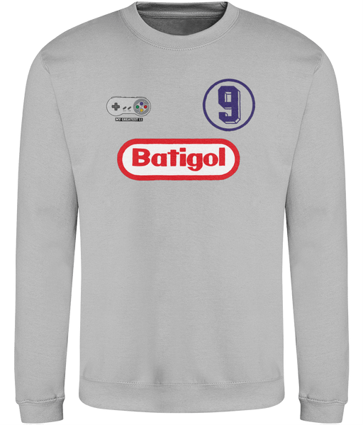 Batigol Fiorentina sweatshirt in heather grey with bold SNES-style 90s Serie A artwork.