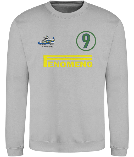 Close-up of the Ronaldo “O Fenómeno” sweatshirt graphic showing detailed artwork of Ronaldo and the Mercurial R9 boot on soft heather grey fabric.