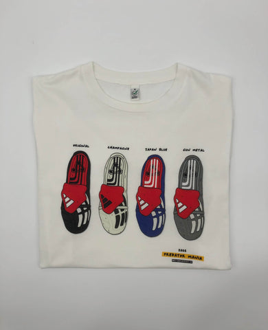 Close up of the Predator Mania 2002 Colourway Tee showing the detailed boot graphic on soft cotton fabric.