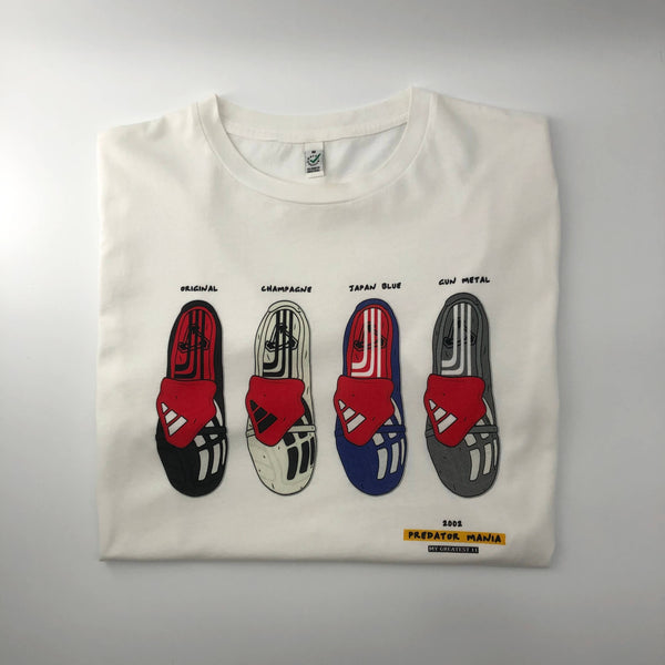 Close up of the Predator Mania 2002 Colourway Tee showing the detailed boot graphic on soft cotton fabric.