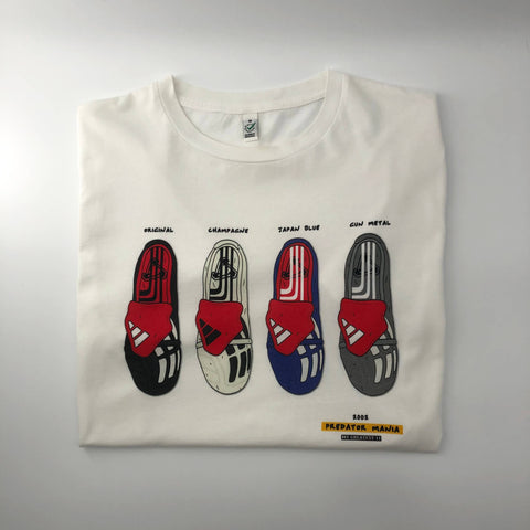 Close up of the Predator Mania 2002 Colourway Tee showing the detailed boot graphic on soft cotton fabric.