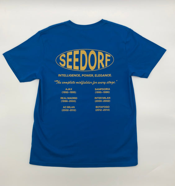 Blue Seedorf football t shirt with orange back print typography and career clubs