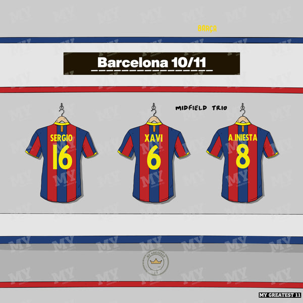 Barcelona 10/11 Midfield Trio Xavi, Busquets & Iniesta Print