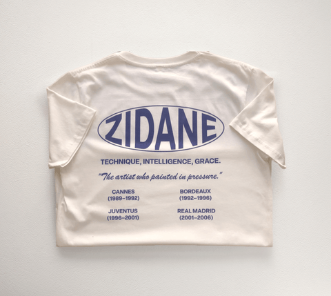 Back view of the Zidane Essentials Tee showcasing a printed timeline and the quote: “The artist who painted in pressure.”