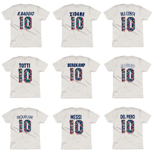 Back view of tees featuring iconic number 10 footballers with floral number designs.